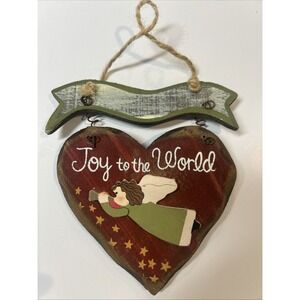 Vintage Wall Wood Decor Christmas Hanging Heart "Joy to the World" 7×4"